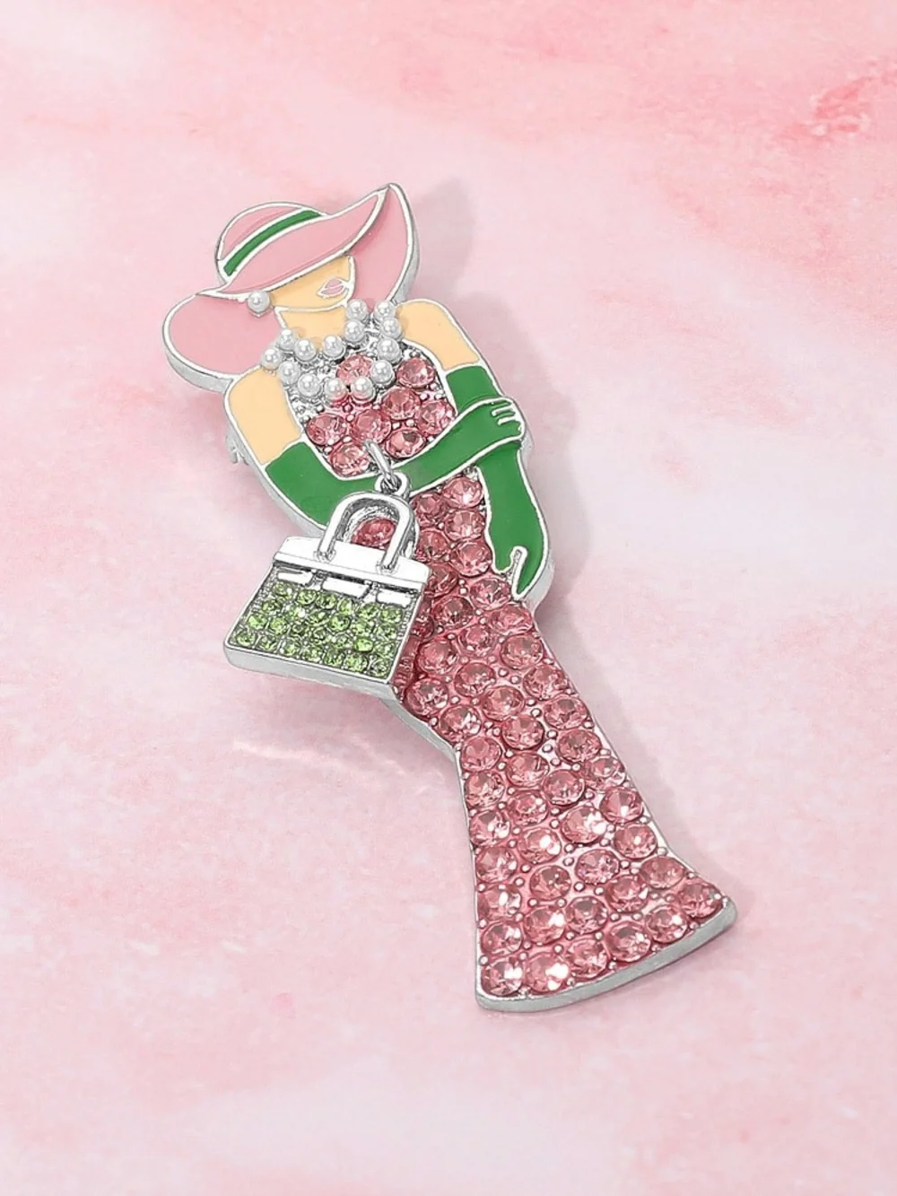 Chic Pink Green Rhinestone Pearls Lady Brooch Pin Elegant Glam Hat Handbag